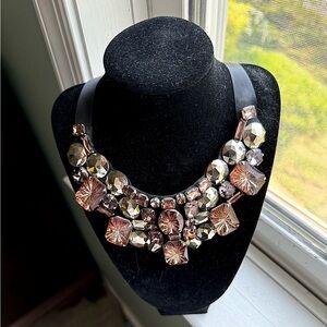 Statement necklace, adjustable black ribbon, pink and white rhinestones